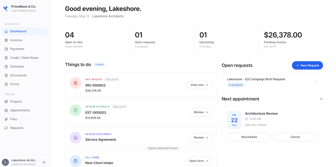 PrimeBase client portal dashboard