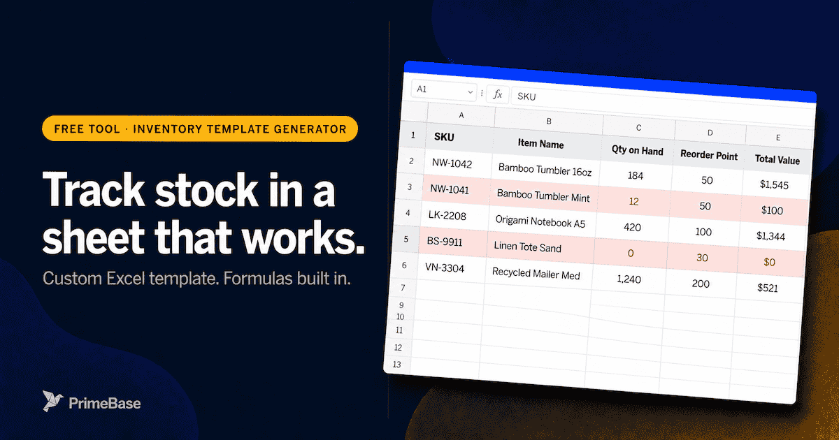 Free inventory template generator — track stock in Excel or Sheets.